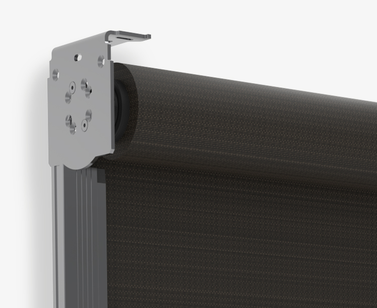 Zipscreen open bracket mounting system with concealed roller