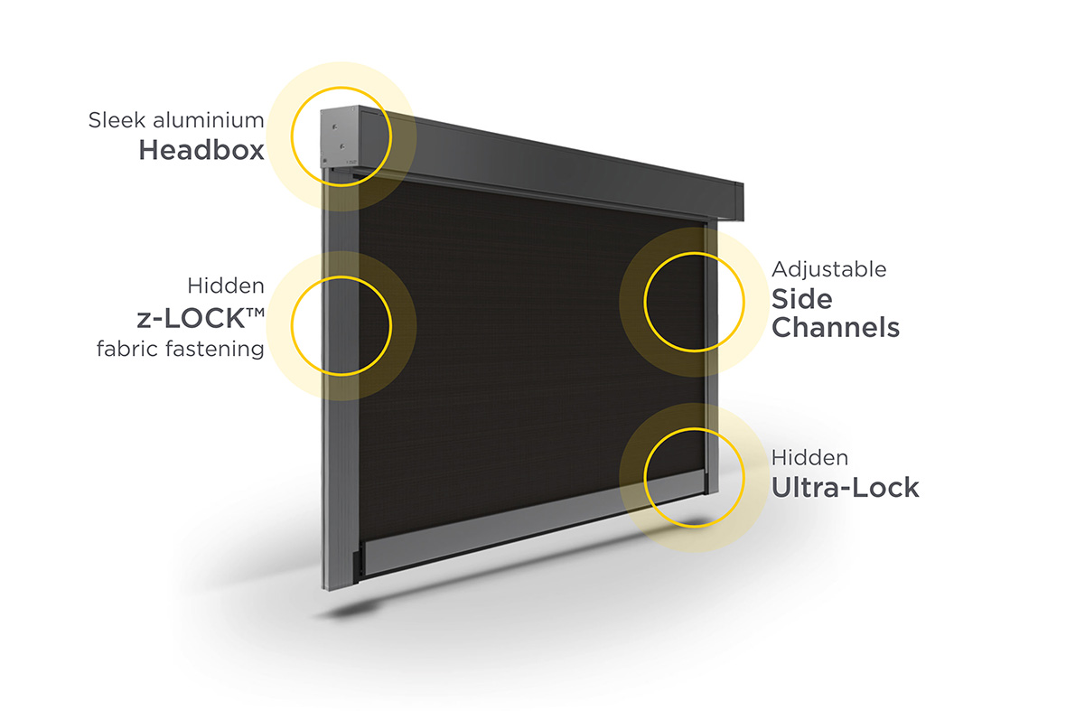 Zipscreen outdoor blind showing sleek aluminium headbox, hidden z-LOCK fabric fastening, adjustable side channels, and hidden Ultra-Lock